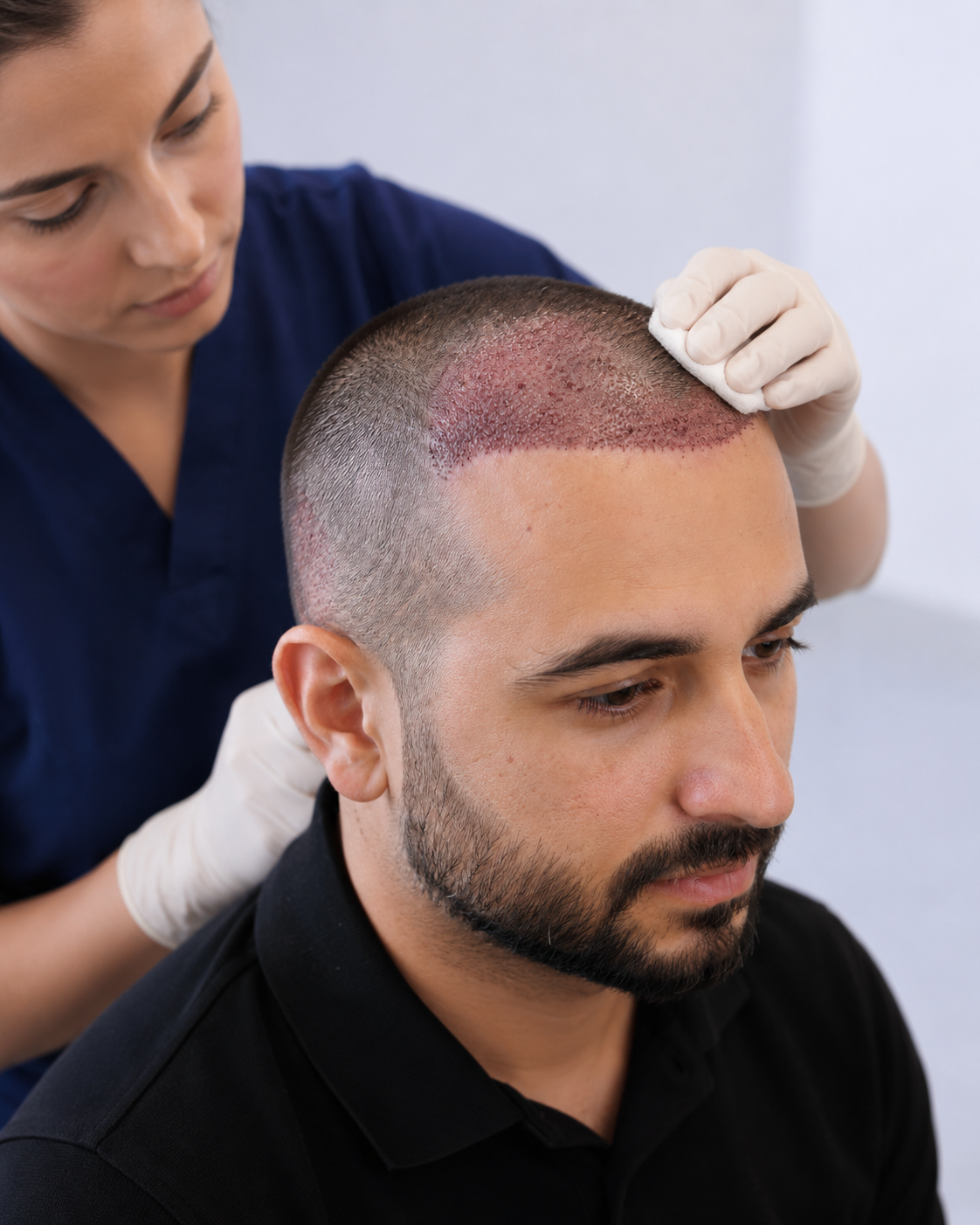 Profissional realizando cuidado após transplante capilar